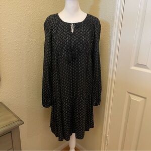 Sonoma Black White Geo Print Ruffle Tiers Long Sleeve Rayon Boho Peasant Dress S